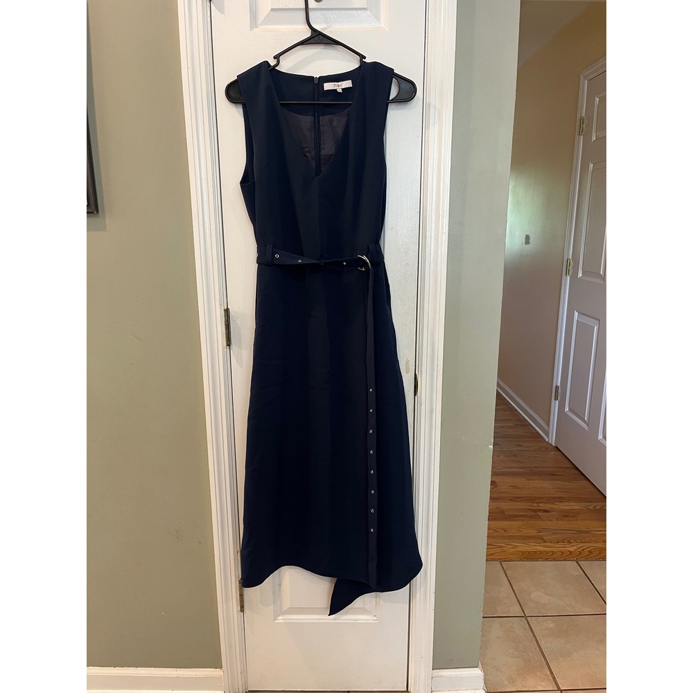 Tibi Navy Blue Sleeveless Asymmetrical Belted Midi Dress V-Neck Size 6 b7